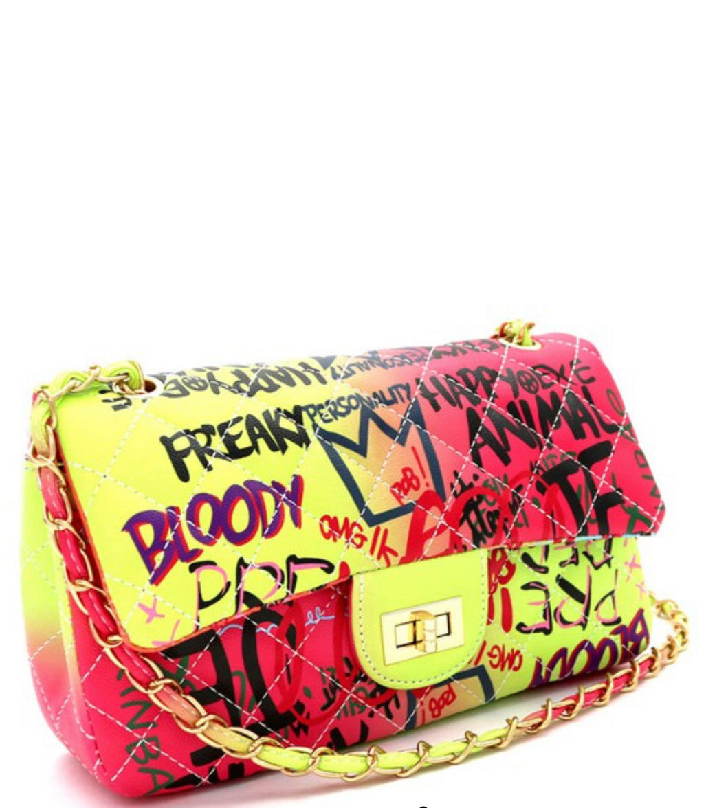 Graffiti Effect Medium 2 Way Quilted Shoulder Bag