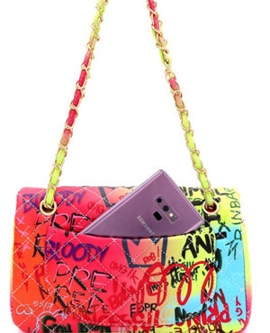 Graffiti Effect Medium 2 Way Quilted Shoulder Bag