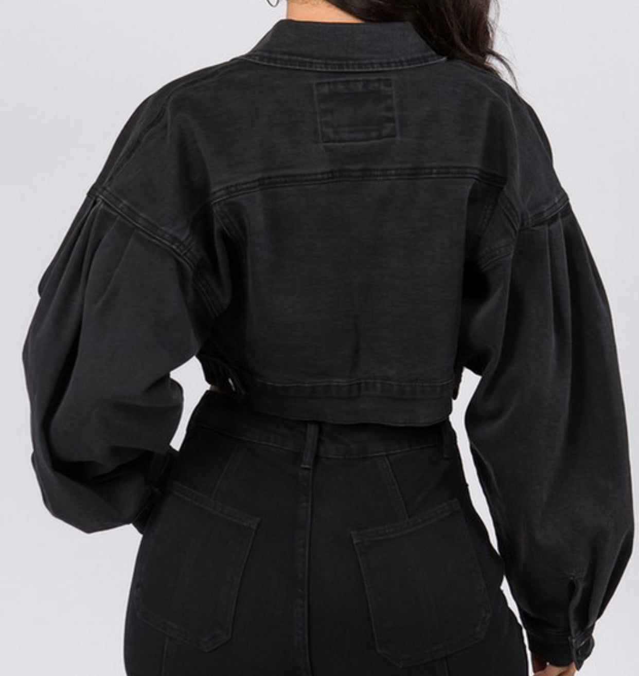 Balloon Sleeve Crop Denim Jacket (Black)