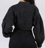 Balloon Sleeve Crop Denim Jacket (Black)