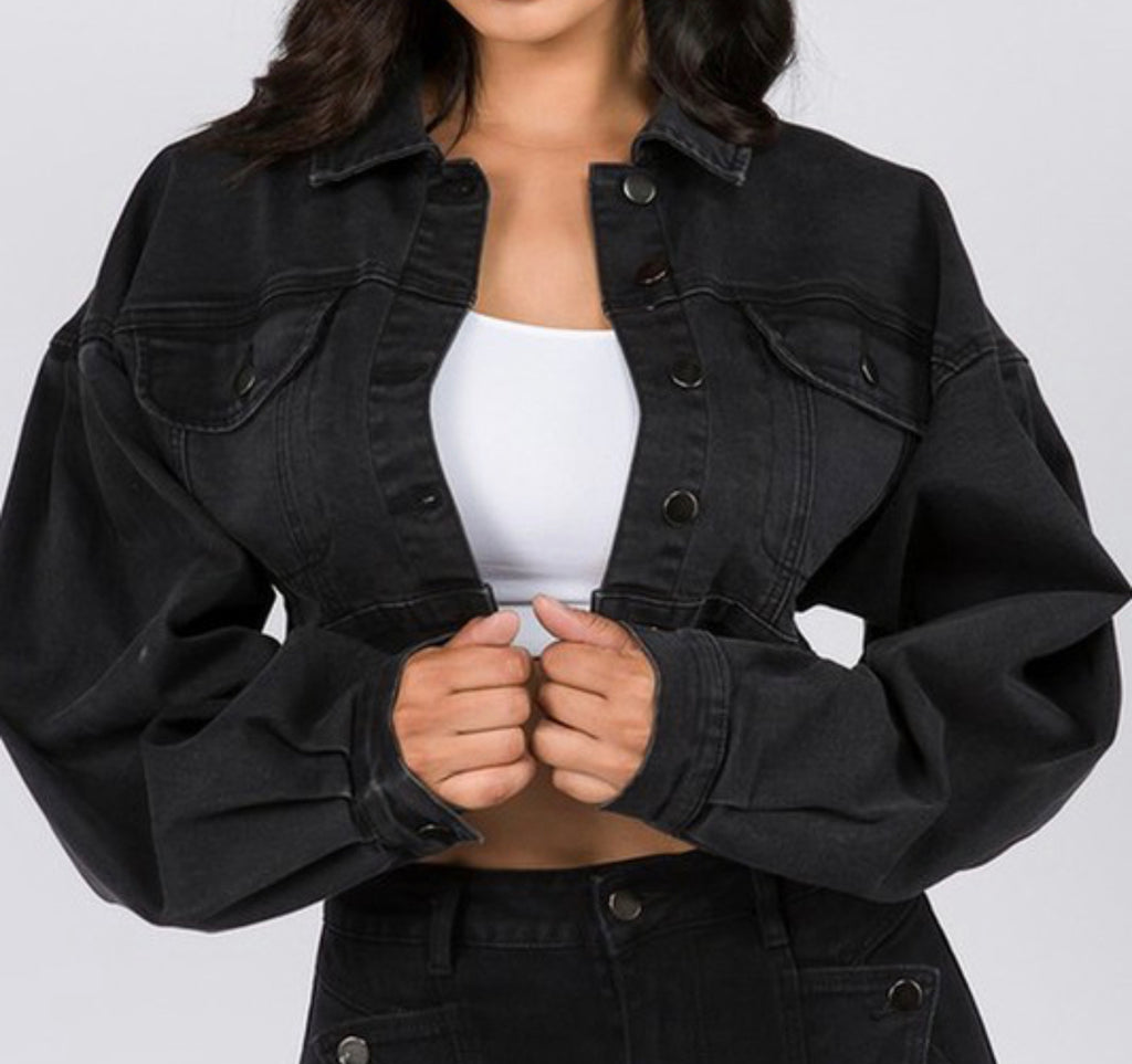 Balloon Sleeve Crop Denim Jacket (Black)