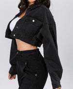 Balloon Sleeve Crop Denim Jacket (Black)