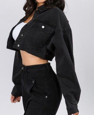 Balloon Sleeve Crop Denim Jacket (Black)