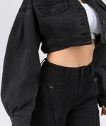 Balloon Sleeve Crop Denim Jacket (Black)